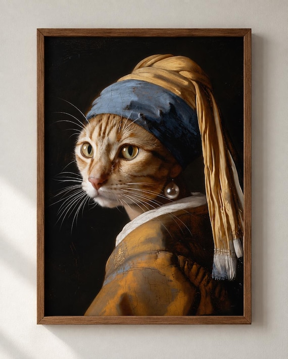 真珠の耳飾りの猫のアートプリント：フェルメールにインスパイアされた