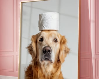 Funny Golden Retriever Toilet Paper Art Print: Bathroom Dog Decor, Toilet Poster