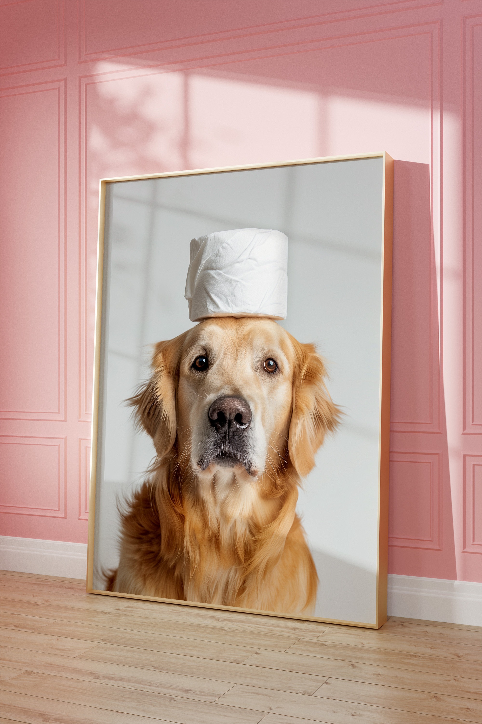 Funny Golden Retriever Toilet Paper Art Print: Bathroom Dog Decor