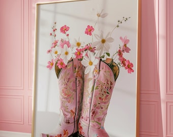 Floral Cowboy Boots Art Print: Pink Coquette Room Decor