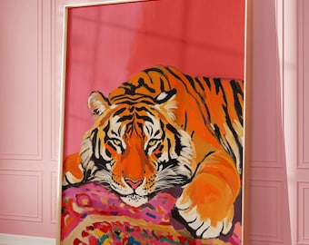 Relaxing Tiger Art Print: Colorful Jungle Animal Poster
