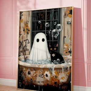 Halloween Ghost Having a Bubble Bath with a Black Cat II Poster, Bathroom Decor, Gothic Art Print, Halloween Decor, Whimsigoth