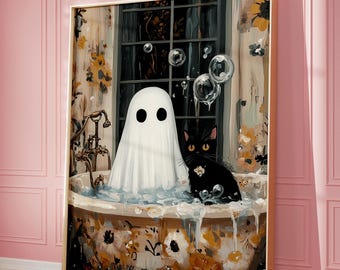 Halloween Ghost & Black Cat Bubble Bath Poster: Whimsical Gothic Bathroom Art