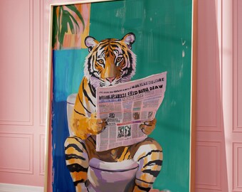 Tiger Reading Newspaper Toilet Print: Funny Bathroom Wall Art