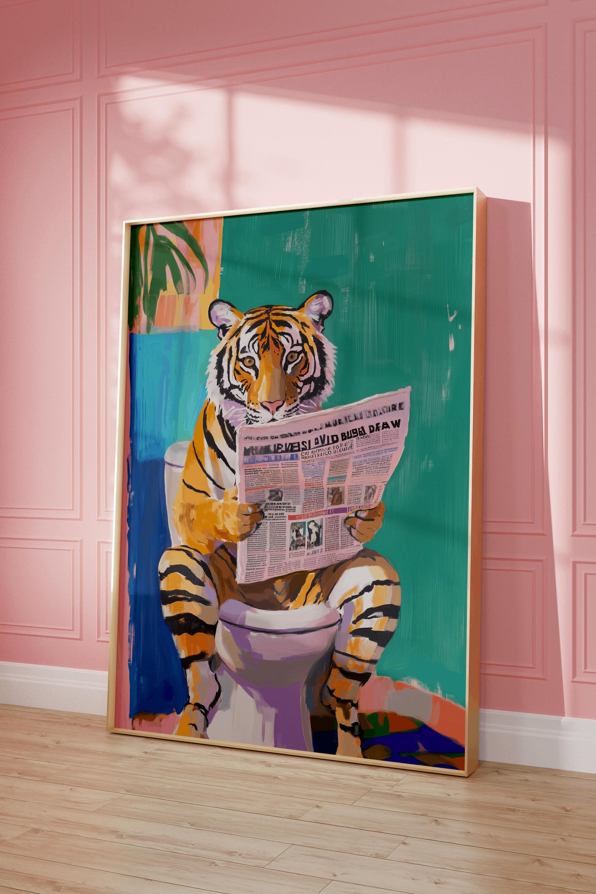 Tiger Reading Newspaper Toilet Print: Funny Bathroom Wall Art