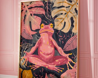Meditativ rosa grodakonsttryck: Tropisk lövyogadekor