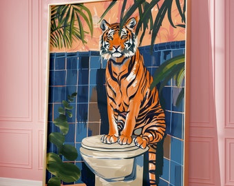 Tiger on Toilet Print: Botanical Bathroom Wall Art