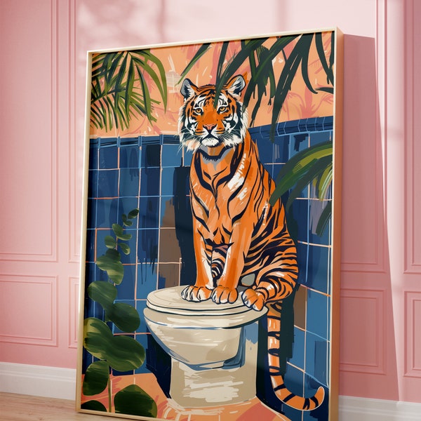 Tiger on the Toilet, Bathroom Print, Bathroom Poster, Wall Art, Toilet Poster, Bathroom Decor, Eclectic Decor, Maximalist Print