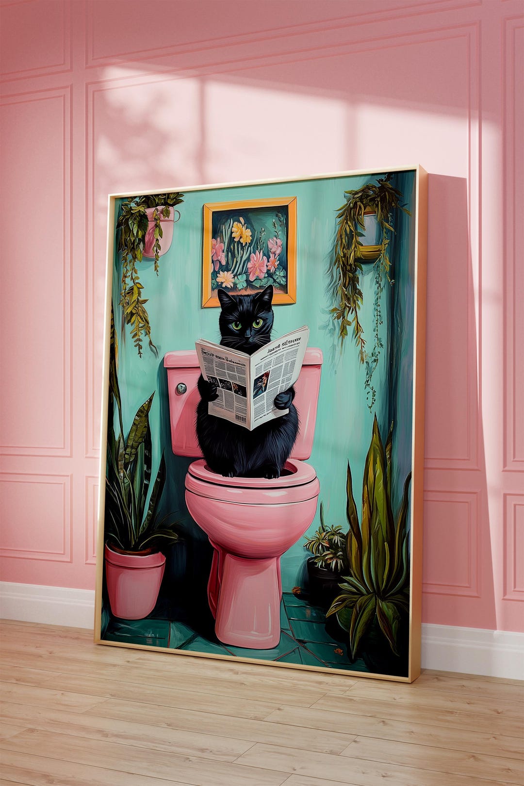 Black Cat Reading Newspaper on Pink Toilet: Funny Bathroom Art Print - Etsy