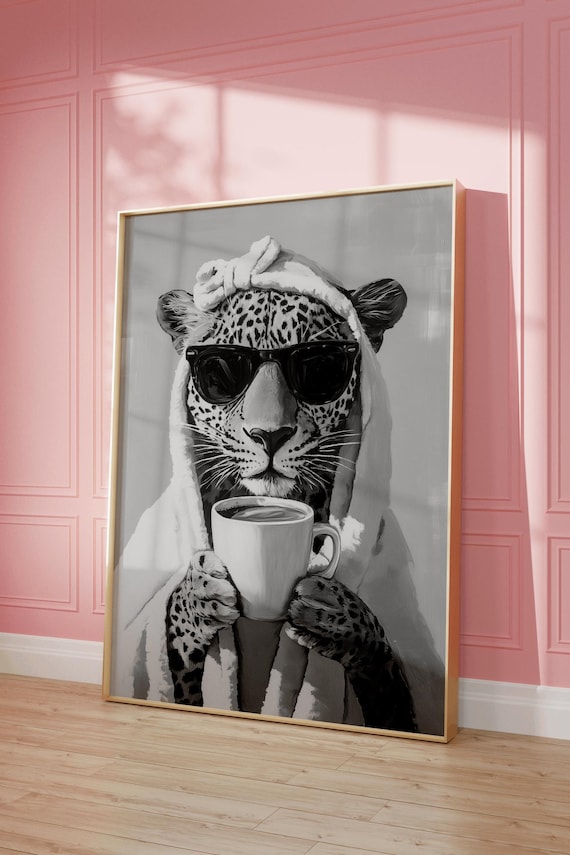 Leopard's Self-Care Routine B&W, Bath Poster - Towel Animal Poster, Art Print, Eclectic Wall Art, Maximalist, Bathroom Decor, Preppy, Girl