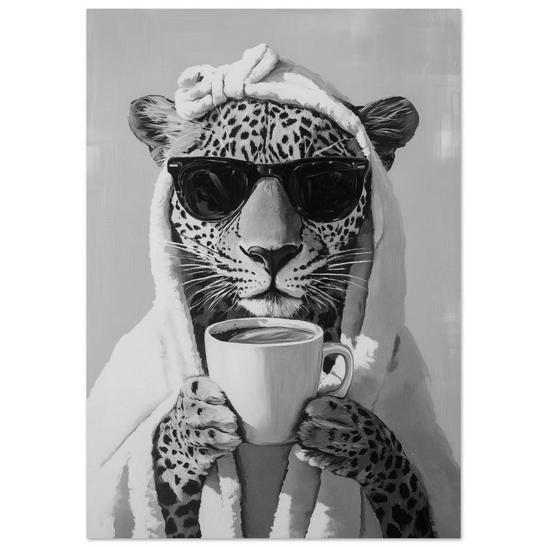Leopard's Self-Care Routine B&W, Bade Poster - Handtuch Tier Poster, Kunstdruck, Eklektische Wand Kunst, Maximalist, Badezimmer Dekor, Preppy, Mädchen A0 (84.1 x 118.9  cm)
