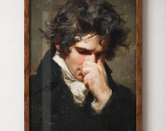 May include: A framed oil painting print depicting a person with dark, wavy hair wearing a black coat and a white cravat. The figure has their hand raised to their face, covering their mouth and nose, set against a dark, muted background.
