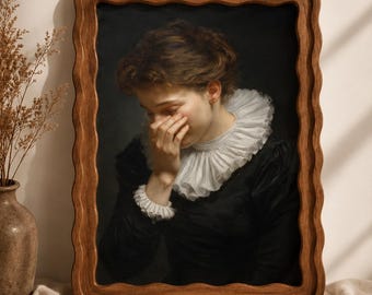 May include: A framed oil painting depicting a person with brown hair wearing a black garment with a white ruffled collar and cuffs. The person has one hand raised to their face. The artwork is enclosed in a brown wooden frame with a wavy edge.
