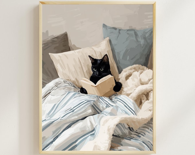 Cozy Cat Reading Poster - Cute Black Cat in Bed - Perfect Gift for Cat Lovers, Bedroom Poster, Scandi Decor - Autumn, Fall, Winter Decor