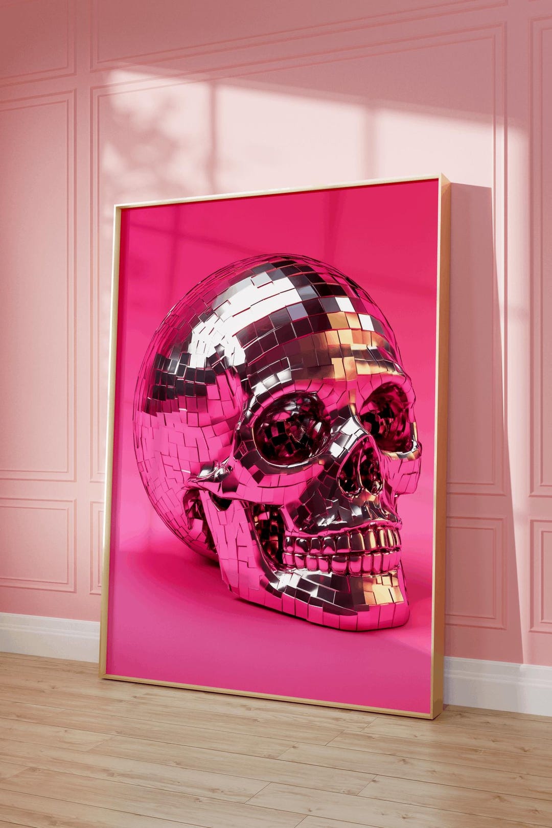 ピンクのディスコボールスカルアートプリント：ゴシックハロウィン