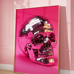 Pink Disco Ball Skeleton Skull, Disco Goth Halloween Art Print Decor, Bright Funky, Skull Wall Art, Gothic, Pink Halloween, Dopamine