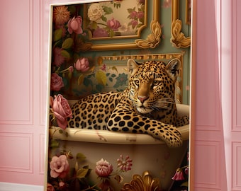 Leopard in Bath Art Print, Botanical Bathroom Wall Decor, Maximalist Animal Poster