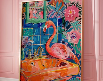Botanical Flamingo Art Print: Tropical Bathroom Decor