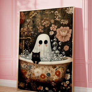 Halloween Ghost Bubble Bath with a Black Cat Poster, Bathroom Decor, Whimsigoth, Gothic Art Print, Halloween Wall Art, Halloween Decor