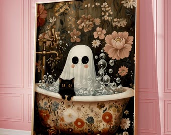 Halloween Ghost Black Cat Bubble Bath Art Print: Whimsigoth Bathroom Decor