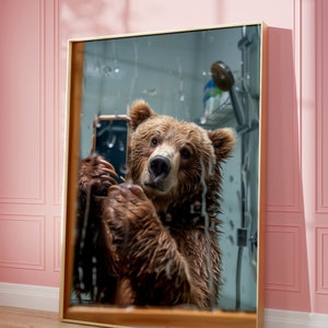 Bear Selfie in the Bathroom Mirror - Funny Bathroom Art Print Decor - Bold Toilet Wall Art - Eclectic - Quirky Poster