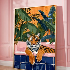 Impression d&#39;art numérique, affiche de l&#39;heure du bain tigre - décoration dopamine, JPG, art mural éclectique, exotique, maximaliste, décoration de salle de bain, chambre à coucher, art de dortoir