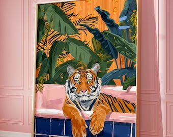 Tiger Badezeit Kunstdruck: Eklektische Maximalist Deko (Digitaler Download)