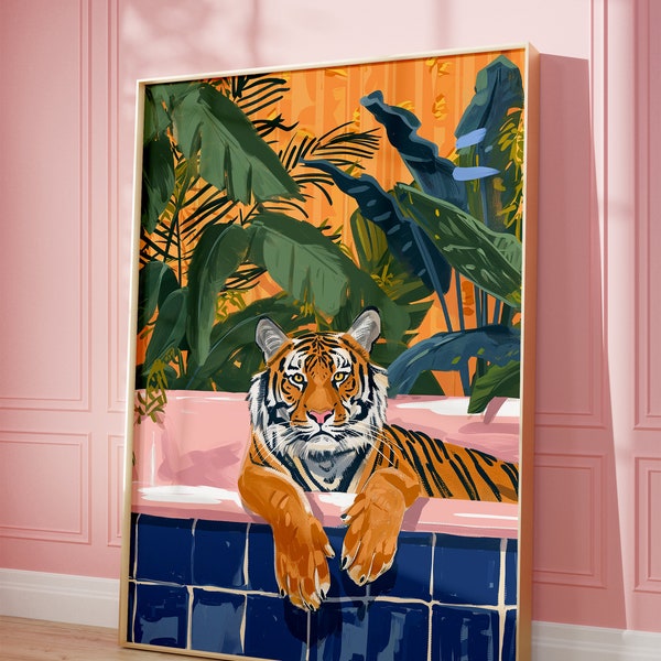Digital Art Print, Tiger Bath Time Poster - Jungle Decor, JPG, Eclectic Wall Art, Exotic, Maximalist, Bathroom Decor, Bedroom, Dorm Art