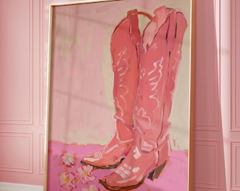 Pink Cowboy Boots Floral Art Print: Coquette Dorm Decor