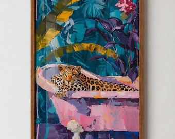 Leopard in Bath Botanical Art Print: Eclectic Bathroom Poster