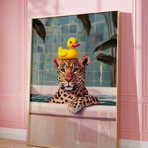 Leopard and Rubber Duck Bath Time Poster - Art Print, Eclectic Wall Art, Cheeky, Maximalist, Bathroom Decor, Preppy, Girl Poster, Dopamine