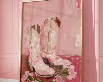 Pink Floral Cowboy Boots Poster: Coquette Dorm Decor Print