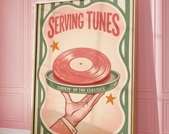 Serving Tunes Retro Poster | Vinyl Records Music Art Print (Disco Funk Soul)