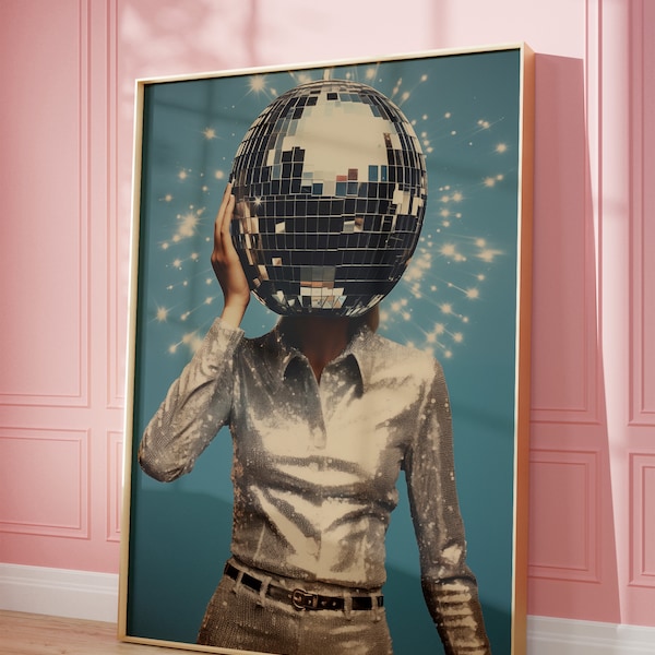 Digital Art Print, Disco Diva Mirror Ball - A3, 300dpi High-Res JPG, Printable Art, Poster, Disco Ball, Retro, Funky, Vintage, Preppy