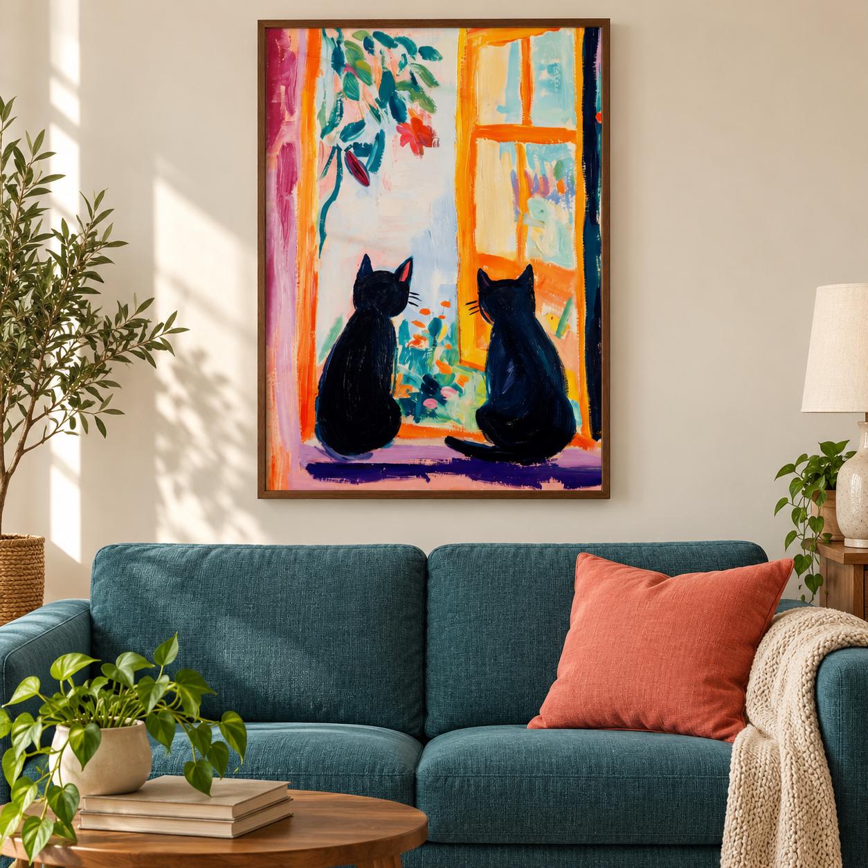 Two Black Cats by the Window Art Print, Colourful Cat Lover Wall