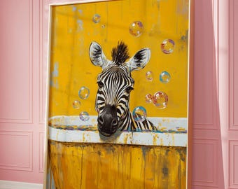 Zebra Bubble Bath Poster: Yellow Bathroom Animal Art Print