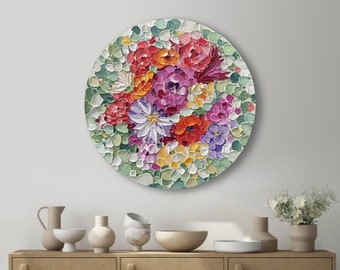 Abstrakte Blüten-Wildblumen-Acrylgemälde auf runder Leinwand, Wandkunst, originelle bunte Blumenkunst auf runder Leinwand, Gemälde, Geschenkidee, Dekoration