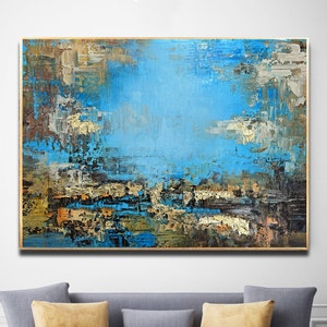 Large Original Abstract Painting Modern Gold Foil Wall Art Abstract Blue Gold Artwork Shiny Gold Blue Abstract Decor Living Room Wall Art