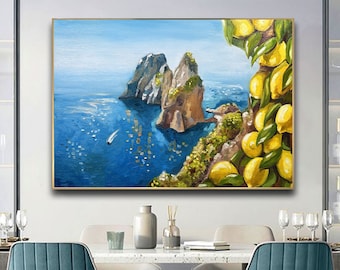 Faraglioni Capri Painting Capri Island Painting Italian Landscape Painting Seascape Painting Lemons Wall Art Home Decor Coastal Painting