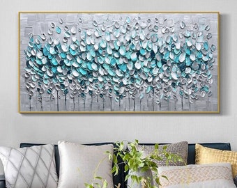 Large Abstract Flower Painting on Canvas Original Textured Wall Art Teal Fancy Acrylic Painting Modern Living Room Spiritual Home Decor Gift