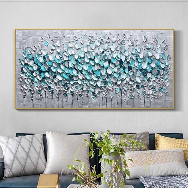 Grande peinture abstraite de fleurs sur toile originale texturée art mural sarcelle fantaisie peinture acrylique salon moderne décoration spirituelle cadeau