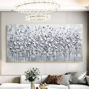Floral Art Hand-Painted Gray White Silver Tulips Flower Painting Original Artwork Acrylic on Canvas 3D Wall Art Summer Inspired Art