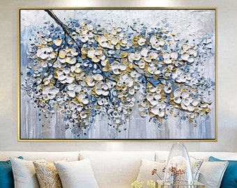 3D abstrait blanc cerisier fleur arbre peinture acrylique texturé or paysage floral moderne palette couteau peinture mur art chambre décor