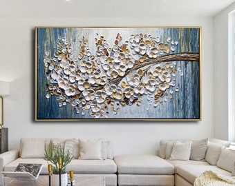 Original White Cherry Blossom Acrylic Painting On Canvas Modern Blooming Blue Painting Custom Living room Home Decor Large Texture Wall Art