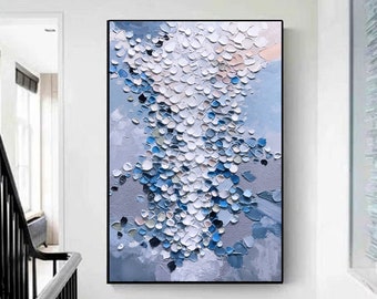 Art mural gris et bleu Gris 3D Grande peinture texturée abstraite sur toile Peinture texturée lourde Art mural minimaliste moderne Décoration murale Boho