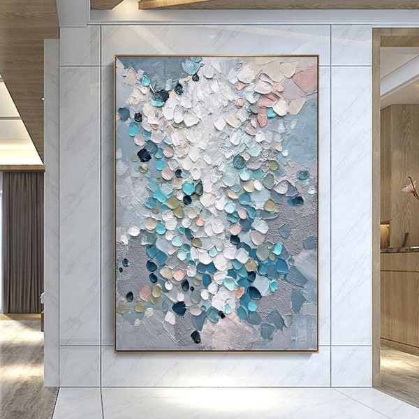 Gray and Blue Wall Art Gray 3D Large Abstract Oil Painting On Canvas Heavy Textured Painting Modern Minimalist Wall Art Boho Wall Decor