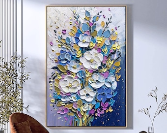 3D Original Bouquet de fleurs blanches Peinture sur toile Bleu Texturé Mur Art Abstrait Art Floral Salon Art Idée Cadeau Peinture de fleurs sauvages