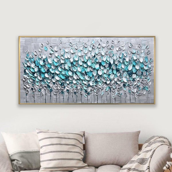 Large Abstract Flower Painting on Canvas Original Textured Wall Art Teal Fancy Acrylic Painting Modern Living Room Spiritual Home Decor Gift