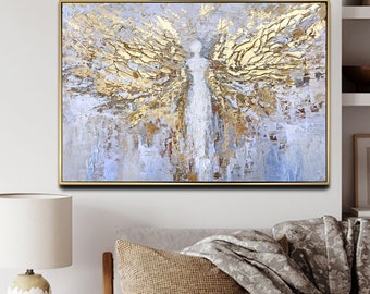 Gold Wings White Angel Wings Gold Leaf 3D Painting Handmade Textured Painting Acrylic Abstract Angel Painting Wall Decor Minimal Living Room