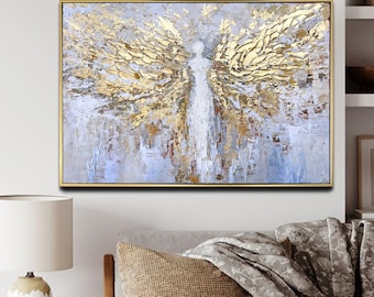 Gold Wings White Angel Wings Gold Leaf 3D Painting Handmade Textured Painting Acrylic Abstract Angel Painting Wall Decor Minimal Living Room
